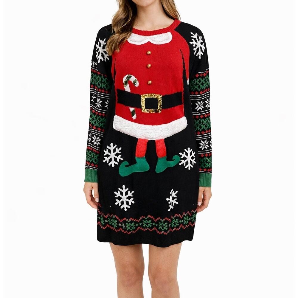 ’Tis the Season Womens Christmas Sweater Dress Sz Large Fair Isle Santa Elf